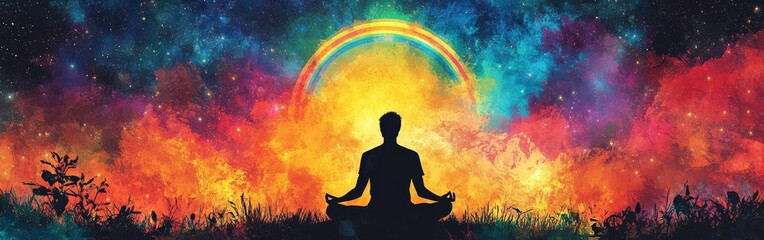 Meditation Silhouette Under Star-Filled Universe with Full Moon