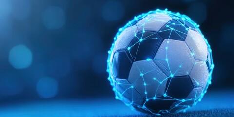 A soccer ball with a computerized analytics interface is signifying data analysis and online sports betting.