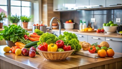 A Vibrant Close-Up of Fresh Fruit and Vegetables Arranged Elegantly on a Modern Table for Healthy Eating Inspiration