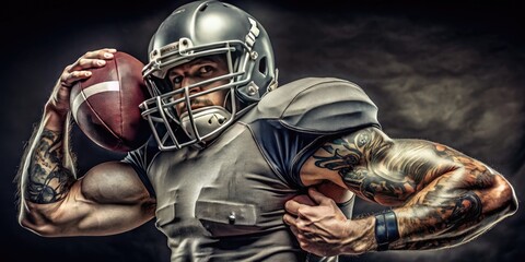 A muscular athlete's arm, adorned with a bold sleeve tattoo, holds a worn football helmet, symbolizing strength, passion, and dedication to the competitive sport.