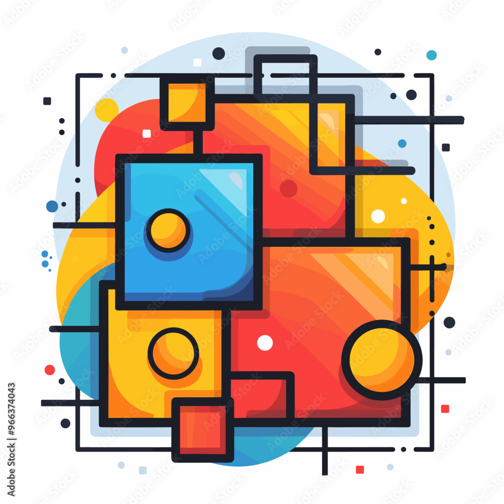 Poster a colorful abstract drawing of squares and circles. the squares are in different colors and sizes, a