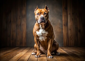 A muscular pitbull with a sweet expression sits on a wooden floor, its brown coat glistening in the soft natural light, with a hint of playfulness.
