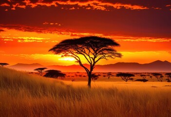 Obraz premium expansive savanna landscapes showcasing rich textures colors beneath vibrant sunset horizon fiery skies silhouetted trees, sky, nature, scenery, evening