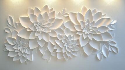 Decorative white flower wall art featuring layered floral designs in a modern interior setting, illuminated by soft lighting
