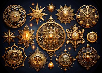 Obraz premium A mystical collection of shimmering, ancient symbols and magical emblems, adorned with intricate details, golden filigree, and mysterious, glowing runes, evoking mysticism and enchantment.