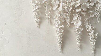 White floral arrangement cascading gently against a textured wall, showcasing delicate features in artistic design and natural beauty