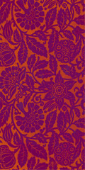 A vintage floral pattern with purple flowers and leaves on an orange background, suggesting elegance and intricate detail.