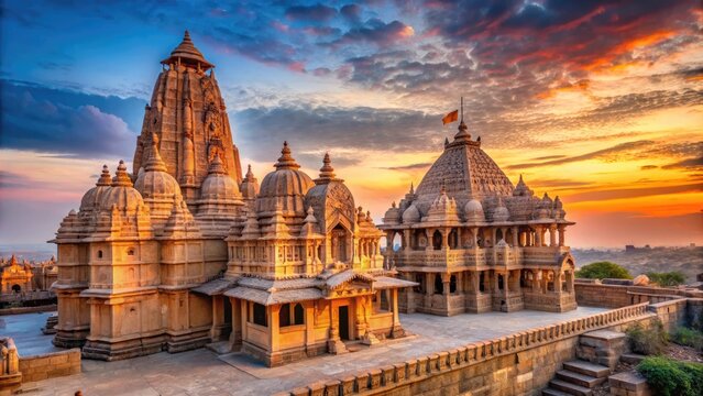 Ancient Hindu temple complex of Somnath, with intricately carved stone pillars and imposing towers, set amidst serene surroundings at dusk in Gujurat, India.