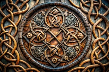 Ancient Nordic-inspired font intricately crafted with mystical runes, adorned with swirling vines and Celtic knot patterns, evoking a sense of mysterious ancestral heritage.