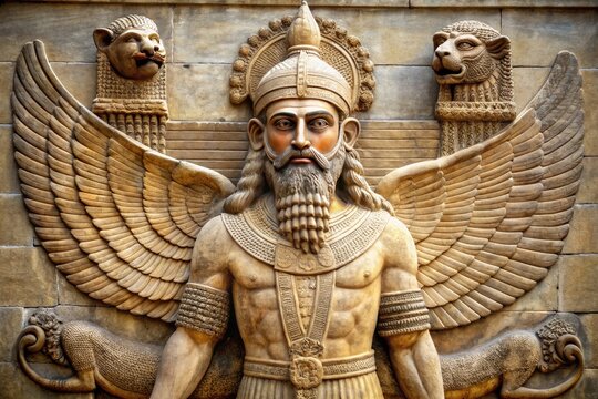 Ancient Mesopotamian deity with horned crown and wings, standing powerfully with a lion, symbolizing air, storms, and divine authority in a mythical landscape.