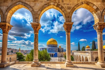 Fototapeta premium Ancient stone columns and arches adorn the majestic Temple's facade, set against a vibrant blue sky with Jerusalem's historic Old City landscape in the background.