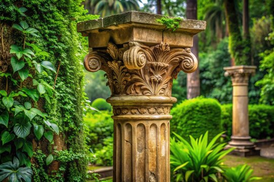 Ancient stone column adorned with intricate LX Roman numeral carvings, surrounded by lush greenery, evoking a sense of history and timeless elegance in a serene atmosphere.