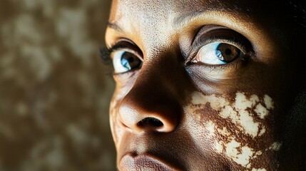 Obraz premium A close-up portrait of a woman with vitiligo, highlighting her unique beauty and expressive eyes in soft lighting