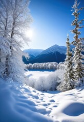 Fototapeta premium stunning winter wonderland featuring majestic snow covered trees amidst peaceful landscape, serene, beautiful, white, scenery, nature, frost, woods, forest