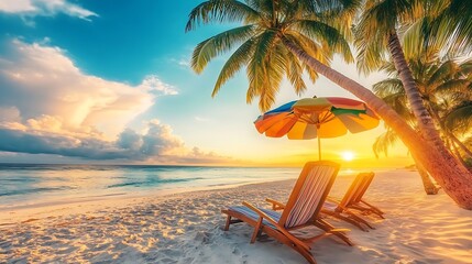 A tropical beach bathed in the warm glow of sunset, with white sand stretching beneath tall palm trees. 
