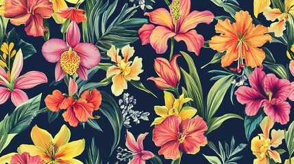 Vibrant floral pattern featuring colorful tropical flowers against a dark background in a decorative design