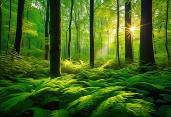 Fototapeta premium vibrant forest landscapes showcasing stunning light patterns through lush greenery tall trees breathtaking natural environment, foliage, sunlight, shadow