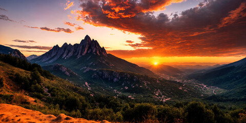 Fototapeta premium Panoramic sunset view of a mountain landscape with golden and orange skies creating a serene and peaceful atmosphere perfect for capturing the relaxing mood of summer and the beauty of nature