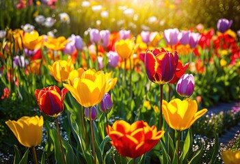 Fototapeta premium vibrant colorful blooms flourishing garden setting lush greenery abundant floral variety, flowers, petals, blossoms, plants, nature, horticulture, landscape