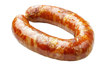 A large, glazed sausage ring positioned on a white background. It has a shiny, appetizing look, suitable for food-related content or advertisements