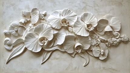 Elegant white relief sculpture of orchids and flowers displayed on a light background, showcasing intricate details and craftsmanship
