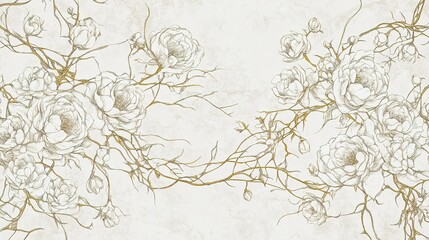 Elegant floral wallpaper design featuring soft peonies and delicate vines against a neutral background