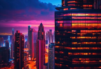 stunning urban skyline glowing dusk vibrant lights skyscrapers colorful twilight sky, aesthetic, allure, architecture, backdrop, beauty, bright, brightness