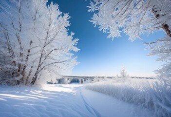 Obraz premium gentle snowflakes descending peaceful winter wonderland surrounded frosty trees blanketed ground, snowfall, wintertime, landscape, beauty, serene, tranquil
