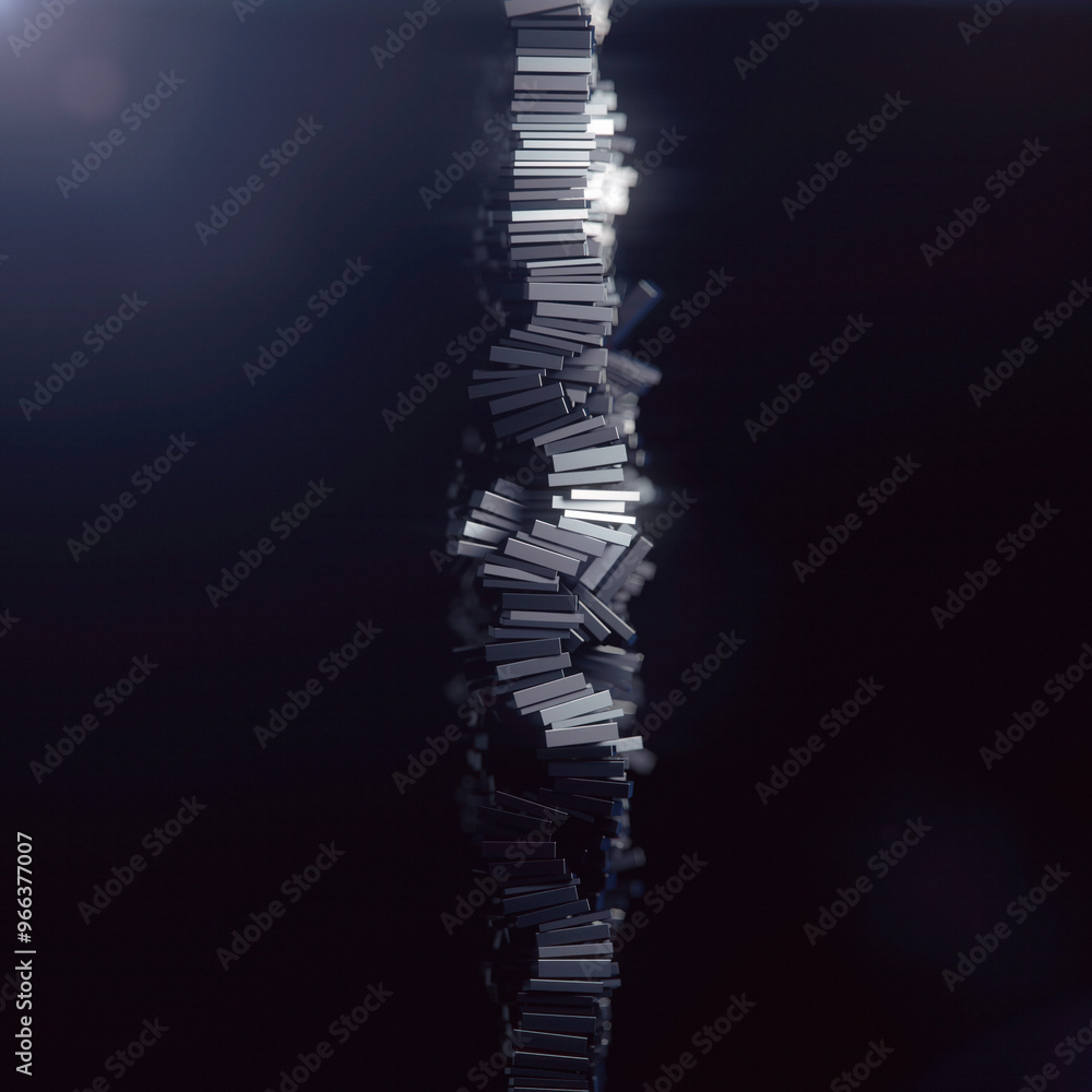 Poster Illustration of a column of shiny metallic rectangular elements. 3d rendering