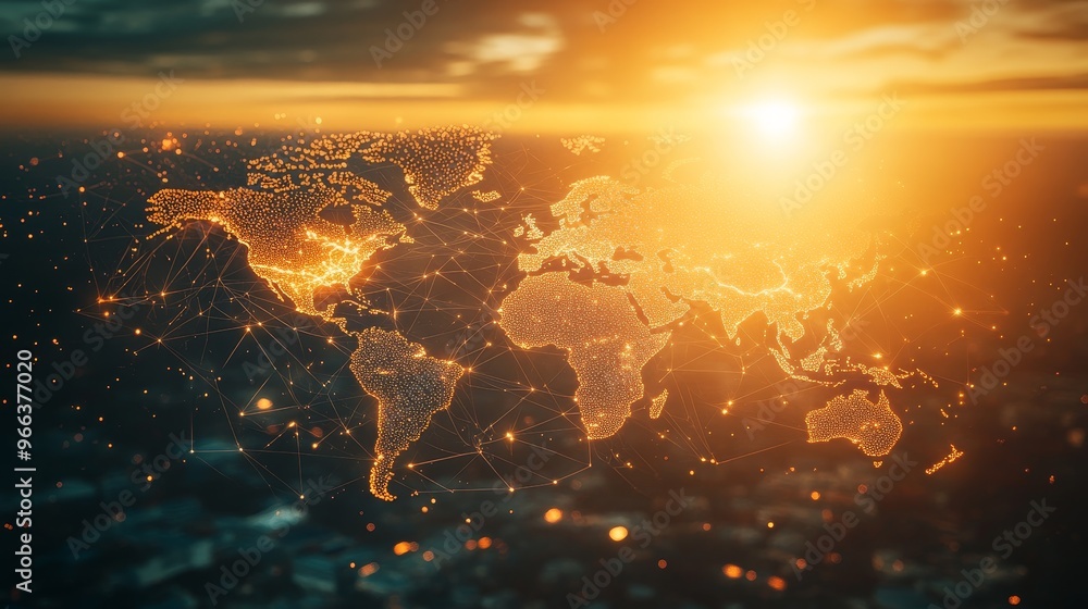 Poster a digital representation of a world map with glowing connections, symbolizing global networks and co