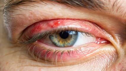 Obraz premium A painful red bump on the eyelid, a stye, is prominently displayed in a close-up image, highlighting the inflammation and discomfort it causes.