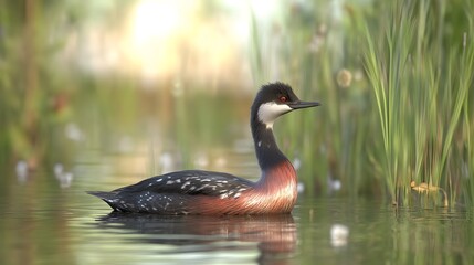 Obraz premium Black-necked Grebe Bird in Nature, Photo Realistic, Wallpaper, Cover and Screen for Smartphone, PC, Laptop, 9:16 and 16:9 Format