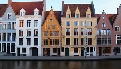Fototapeta premium row colorful houses bruges canals houses roofs