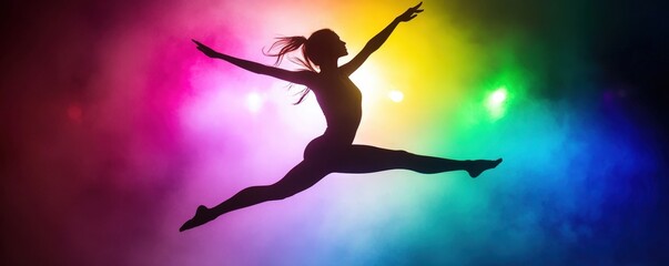 A graceful dancer leaps elegantly against a vibrant, colorful backdrop, capturing the essence of movement and artistry in the moment.