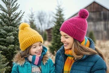 Mother and Daughter Smiling as they Pick Out a Christmas Tree at a Christmas Tree Farm 