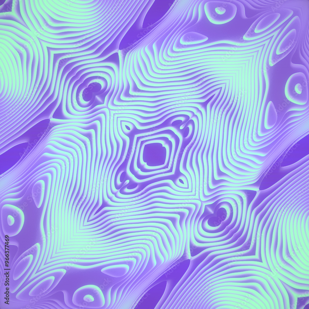 Poster Abstract illustration of undulating flow in neon color. Symmetrical geometric pattern. 3d rendering
