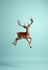 A stylized 3D illustration of a deer leaping gracefully against a soft turquoise background, ideal for nature-themed projects and wildlife conservation campaigns.