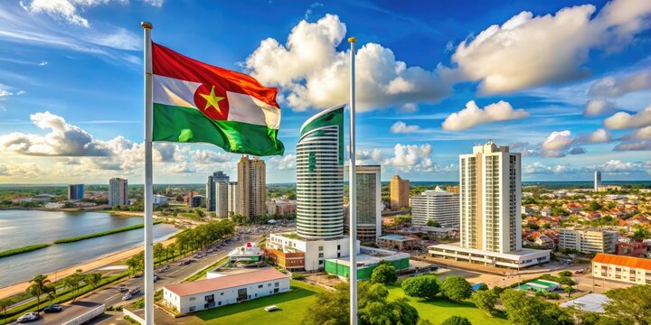 A Photo Of A Modern City With Tall Buildings And A National Flag Waving In The Foreground, Representing The Capital Of Suriname, Paramaribo.