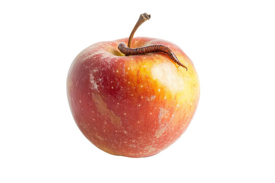 A red and yellow apple with a live worm emerging through it, presented on a stark white background. Suitable for depicting imperfection and organic themes.