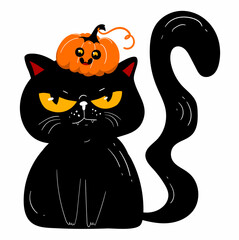 Anger Halloween black cat with smiling kawaii pumpkin on the head. Sad face head. Black silhouette icon. Kawaii pet animal. Cartoon funny baby character. Childish style. Happy Halloween