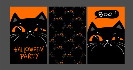 Set of Happy halloween party invitation card with black cat. Memes style. Holidays cartoon character. Vector illustration