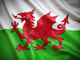 Obraz premium A proud red dragon emblem centered on a green and white background, waving gently in the breeze, symbolizing Welsh national identity and heritage.