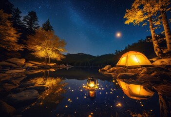 serene campsite under starlit sky featuring glowing camping peaceful atmosphere, tent, lantern, stars, forest, fire, illumination, adventure, equipment