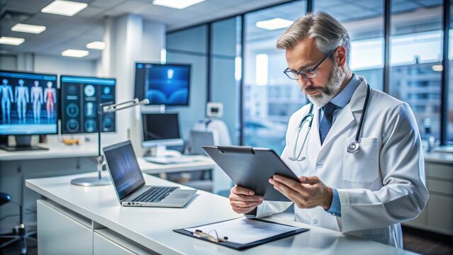 Doctor Analyzing Patient Records in a Futuristic Setting for Advanced Healthcare Innovations