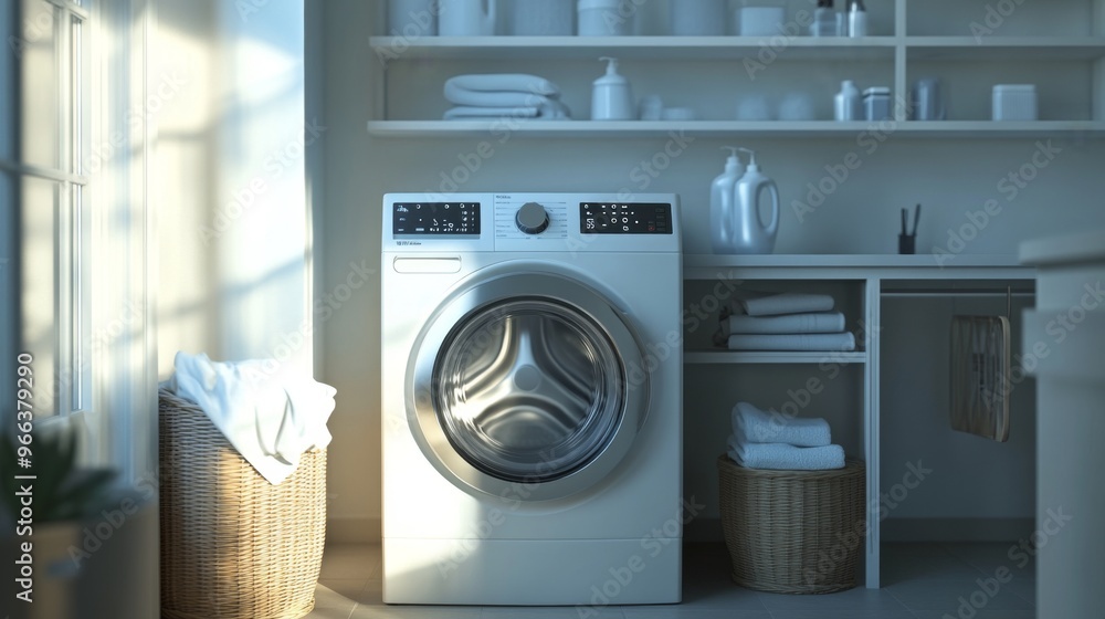 Poster A washing machine with a digital display showing the remaining time and wash cycle settings, set against a backdrop of neatly organized laundry essentials.