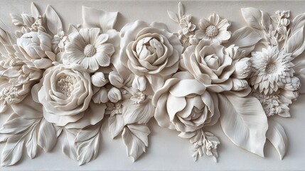 Elegant white floral relief sculpture showcasing intricate details of roses, daisies, and leaves in a harmonious arrangement