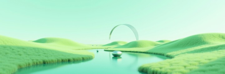 A serene, stylized landscape featuring rolling green hills and a calm river, promoting tranquility and creativity in design and advertising.