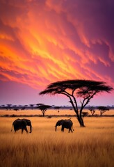 Fototapeta premium vibrant savanna landscape dusk featuring silhouettes wildlife amidst colorful sky, horizon, colors, nature, scenery, evening, animals, trees, grassland