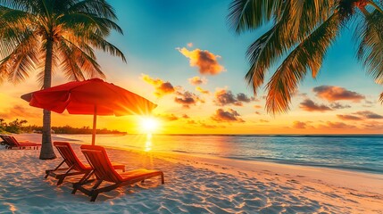 A sunset on a tropical beach with brilliant colors reflecting off the white sand. Palm trees sway gently, and beach chairs beneath an umbrella