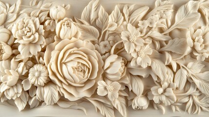 Intricate floral relief carving featuring various blossoms and leaves on a light background